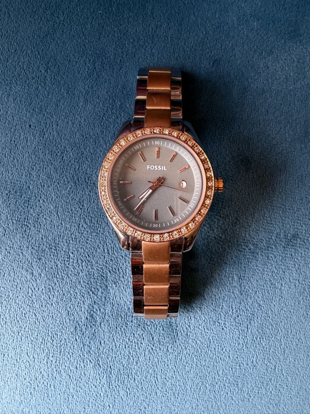 Fossil Rose Gold and Gray Crystal Bezel Bracelet Watch